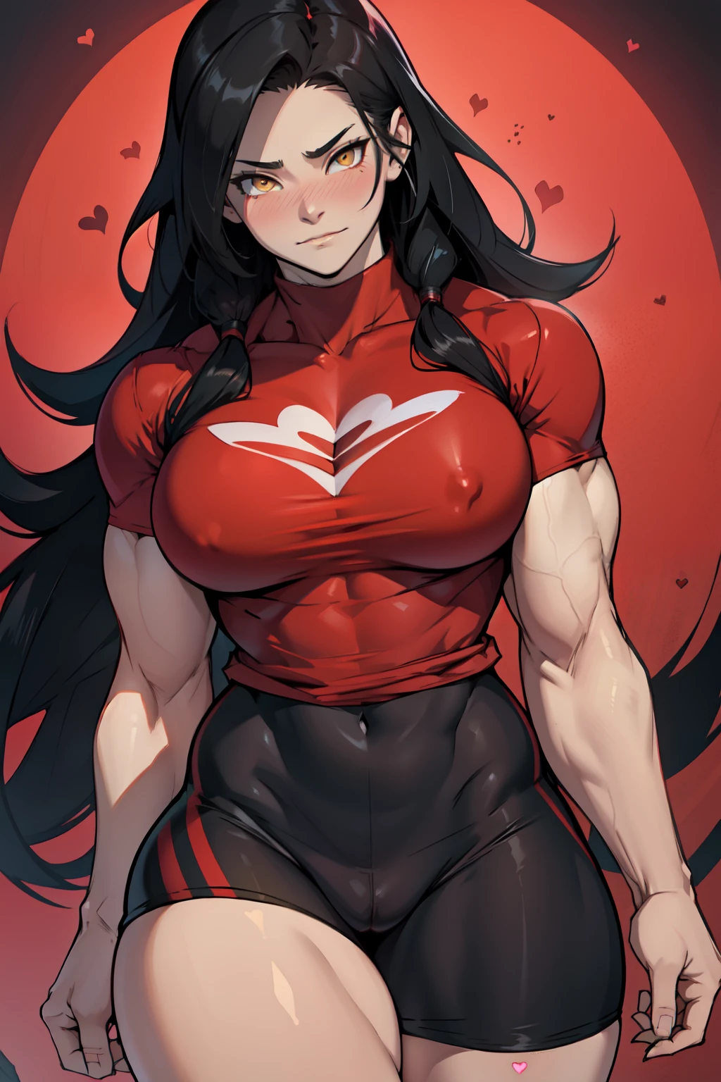 ((1girl)) pale skin large breasts (muscular) toned body thick thighs black hair yellow eyes (long hair) bodybuilder tight red shirt blushing ((heart seductive expression)) best quality hair flaps perfect anatomy