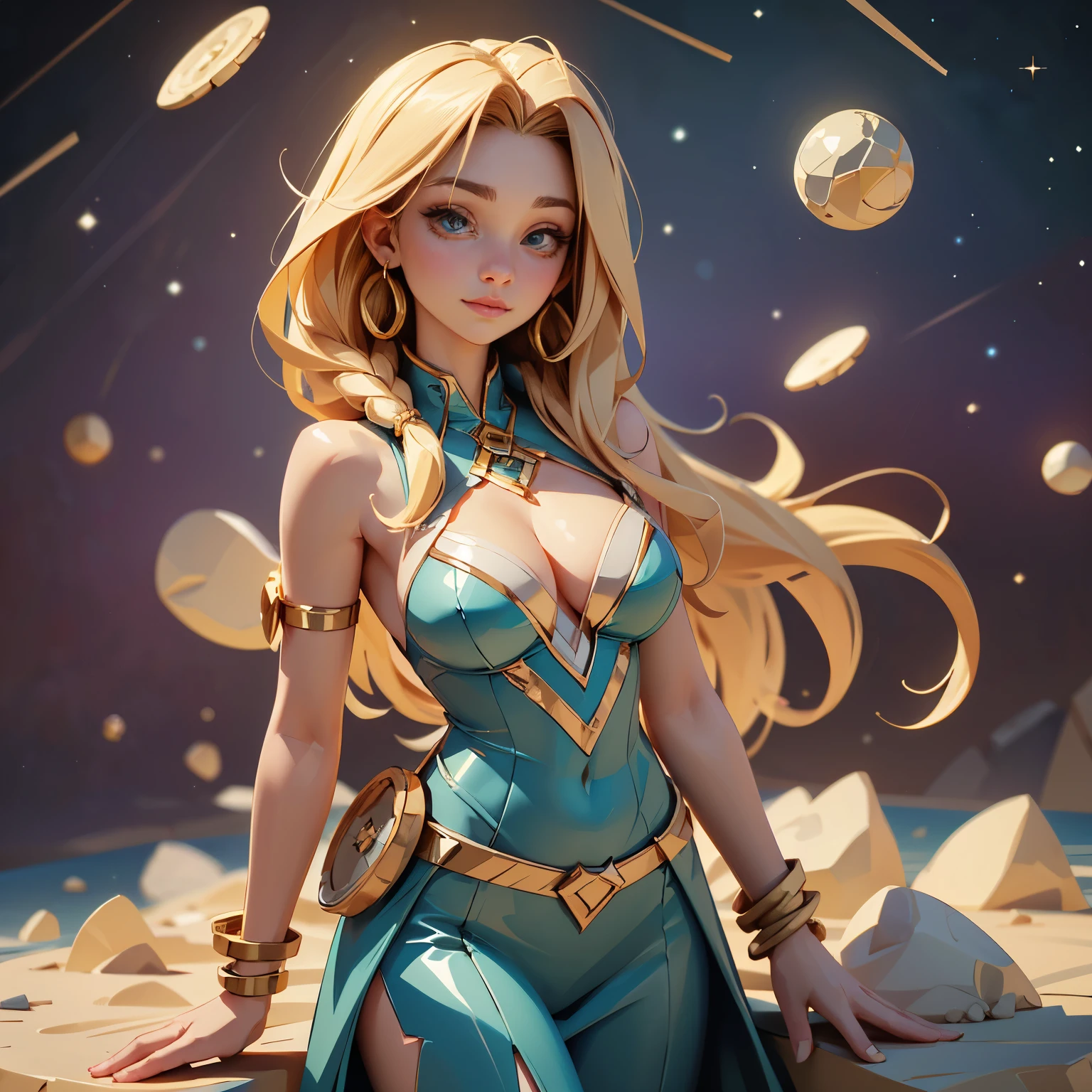 (highest quality、4K、8k、High resolution、masterpiece:1.2)、Very detailed、(Genuine、Realistic、Realistic:1.37)、Young and beautiful woman、SF、treasure hunter、Excavating ancient ruins in space、Transcendently beautiful face、Ideal ratio、Big Breasts、Beautiful straight long hair braided、blonde、Dynamic pose、A revealing holographic outfit、Good top、Dynamic Angelina Natalie Women、cr1r3、Natural Breasts、