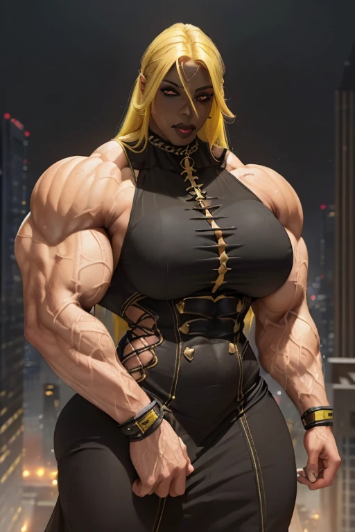 (((((Massive tall, beautiful, buff, light brown skinned muscular woman with yellow hair, black lipstick, ginormous bulky muscles and wearing a beautiful black gothic pencil dress))))), (close view), massive muscles, massive biceps, hyper muscle shoulders, massive muscle arms, vascular shoulders, hyper muscle triceps, (long flowing hair), gray eyes, choker, lace sleeved gloves, (on top of a dilapidated skyscraper in a dark destroyed city), confident smile, hyper vascular arm, hyper muscles arms, hyper muscle legs, (massive arms).