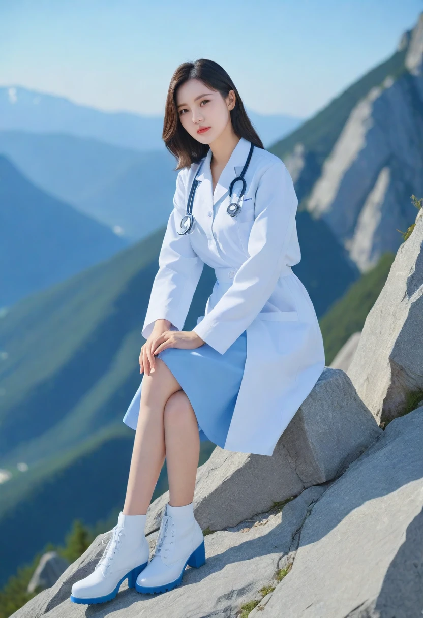 (full body:1.5), (1girl:1.3), (view the viewer:1.4), (anatomy correct:1.4), (sitting on the top of mountain:1.2), (wearing a nurse set:1.2), (girl pointed thick heels :1.1), (accurate and perfect face:1.3), high detail, lighten shade contrast, face lighting, cinematic lighting, super detailing, high quality, high detail, best quality, 16k.
