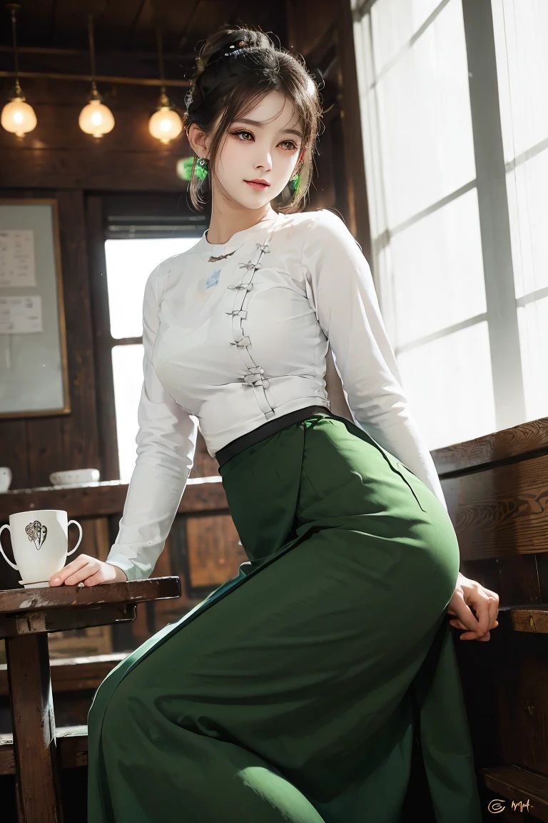 Portrait of a stunning young woman with a stylish hair bun, captivating gaze, and a warm atmosphere of a cozy coffee shop, realistic shading, fine details, exquisite lighting, digital painting, (wearing acmmsayarma outfit, acmmsayarma white top with buttons, long sleeves), ((acmmsayarma green long skirt))