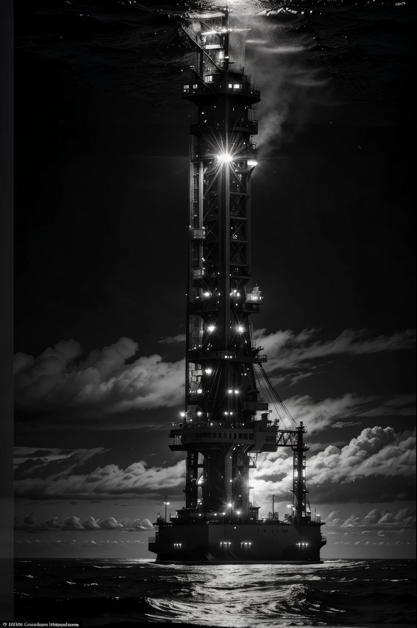 Male fashion photography photo, full body shot, handsome toned topless young manly man, working on an oil platform, black and white photo, dramatic poses and light and dark composition, the North Atlantic Ocean is famous for its rich oil reserves under the sea, illuminated by the distant sea surface. Attracted by the mysterious light, he developed a strong interest in the oil platform standing in the sea. Photographers and staff recorded their lives while repairing the ship and on the deck, photos taken during the journey, and historical images of the oil drilling platform collected by the photographer. It depicts the transformation and decline of the natural gas and oil industries in the past and present, highlighting the changes and time this ocean has experienced.