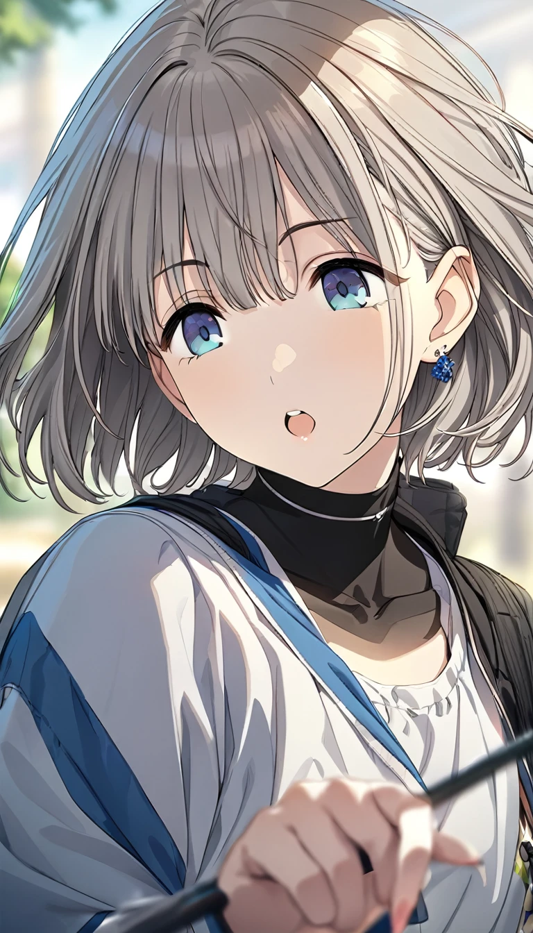 (masterpiece),(highest quality),(Super detailed),(Best illustrations),(Best Shadow),(Absurd),(Detailed Background),(so beautiful), Asahi Serizawa, One girl, blue eyes, alone, Open your mouth, jewelry, short hair, Earrings, Blurred, Grey Hair, bangs, Portraiture, 