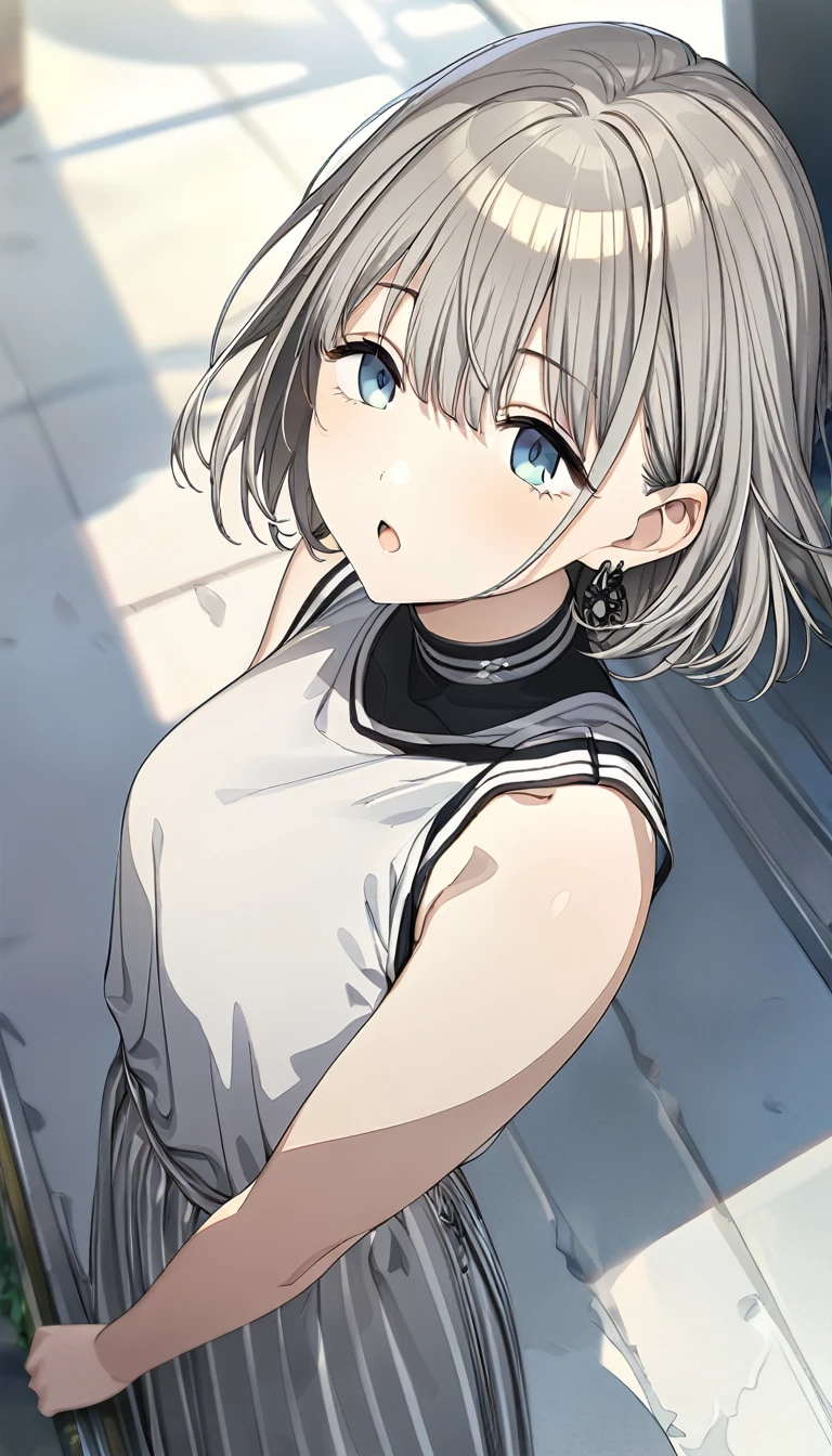 (masterpiece),(highest quality),(Super detailed),(Best illustrations),(Best Shadow),(Absurd),(Detailed Background),(so beautiful), Asahi Serizawa, One girl, blue eyes, alone, Open your mouth, jewelry, short hair, Earrings, Blurred, Grey Hair, bangs, Portraiture, 