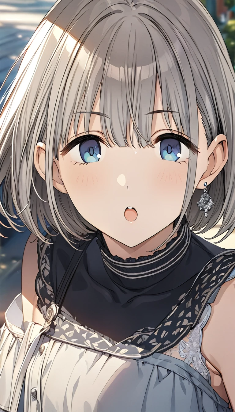 (masterpiece),(highest quality),(Super detailed),(Best illustrations),(Best Shadow),(Absurd),(Detailed Background),(so beautiful), Asahi Serizawa, One girl, blue eyes, alone, Open your mouth, jewelry, short hair, Earrings, Blurred, Grey Hair, bangs, Portraiture, 