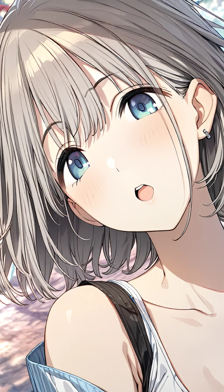 (masterpiece),(highest quality),(Super detailed),(Best illustrations),(Best Shadow),(Absurd),(Detailed Background),(so beautiful), Asahi Serizawa, One girl, blue eyes, alone, Open your mouth, jewelry, short hair, Earrings, Blurred, Grey Hair, bangs, Portraiture, 