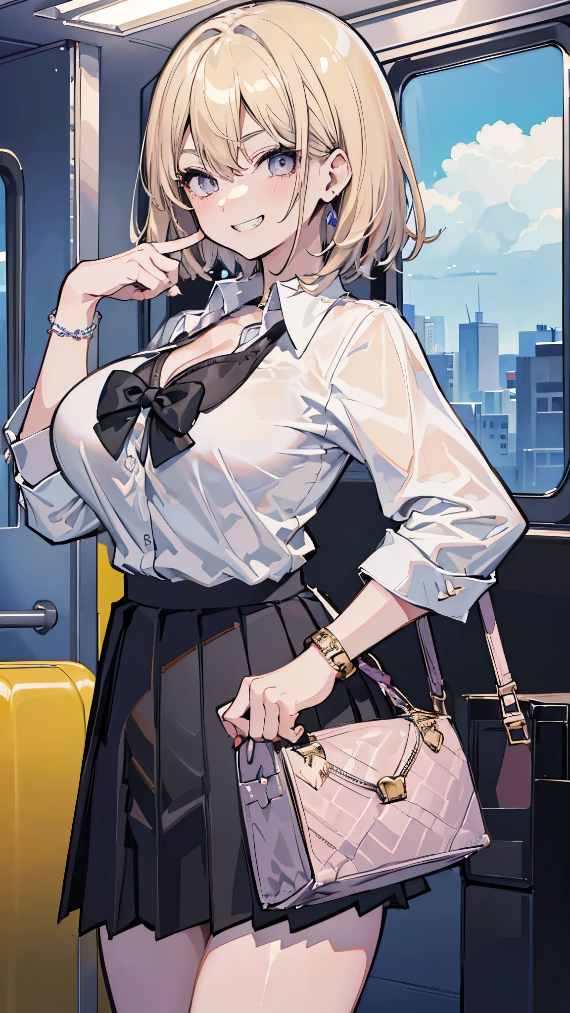 (8k、Best image quality、highest quality、masterpiece)、Detailed face、One girl、gyaru、Blonde、short hair、Grey Eyes、evil smile、((Grin))、Large Breasts、((white shirt))、cleavage、((Black pleated skirt))、Cowboy Shot、Background inside the train
