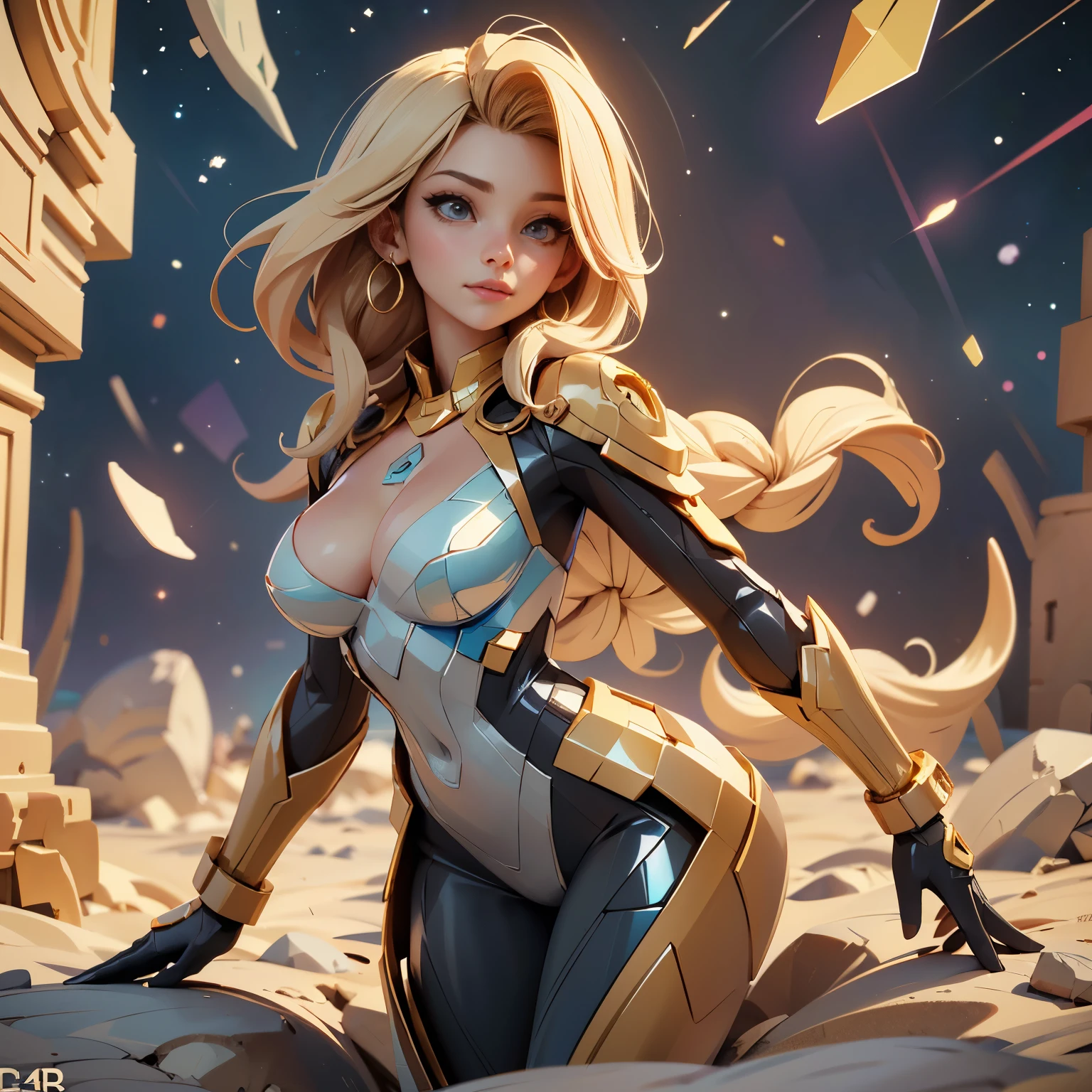 (highest quality、4k、8k、High resolution、masterpiece:1.2)、Super detailed、(Real、Photorealistic、Photorealistic:1.37)、A young and beautiful woman、Science fiction、treasure hunter、Unearthing ancient ruins in space、Transcendently beautiful face、Ideal proportions、Big Breasts、Beautiful long straight hair gathered into a braid、blonde、Dynamic Pose、A revealing holographic outfit、Holographic Bodysuit、Dynamic Angleynatalee woman、cr1r3、natural breasts、
