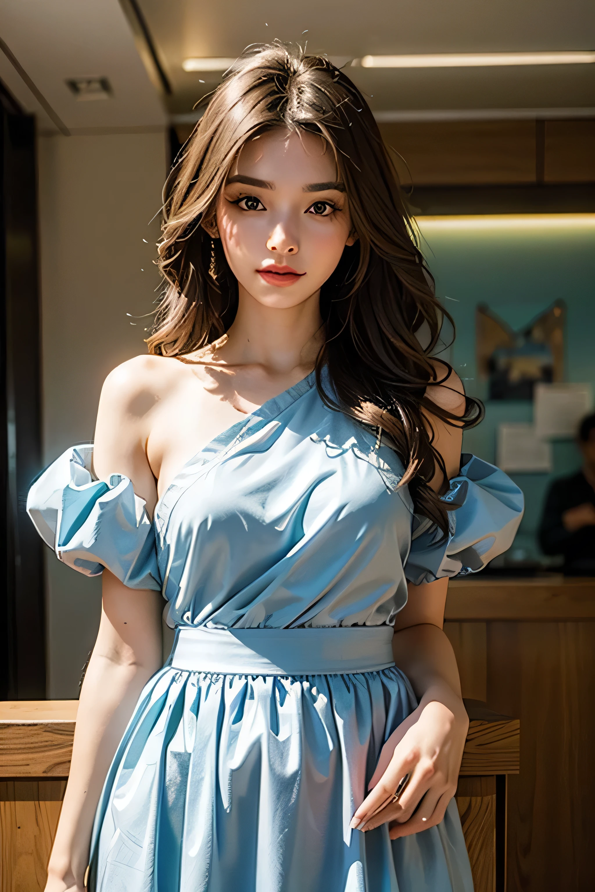 So beautiful, well-groomed girl, with clean skin, normal function, beautiful lips, And a faint smile appeared on her face.. beautiful appearance, Modern clothing, Stylish and modern couture dress. presentation background, neutral gray blue, in virtual space. best quality, 16,000 people.. full hd, cinematic rendering. create a work of art, mikela sharing'Unique beauty: Almost no freckles or birthmarks, Short hair,