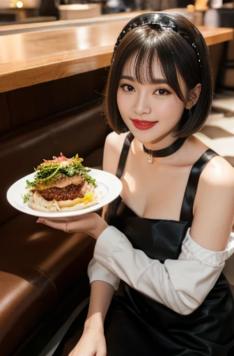 1girl, short black hair, swept bangs, maid's headress, maid's outfit, brown eyes, bob cut, black choker, holding plate of food, smiling warmly, black shoes, black pantyhose, restaurant background, star earrings, pink lips, glossy lips