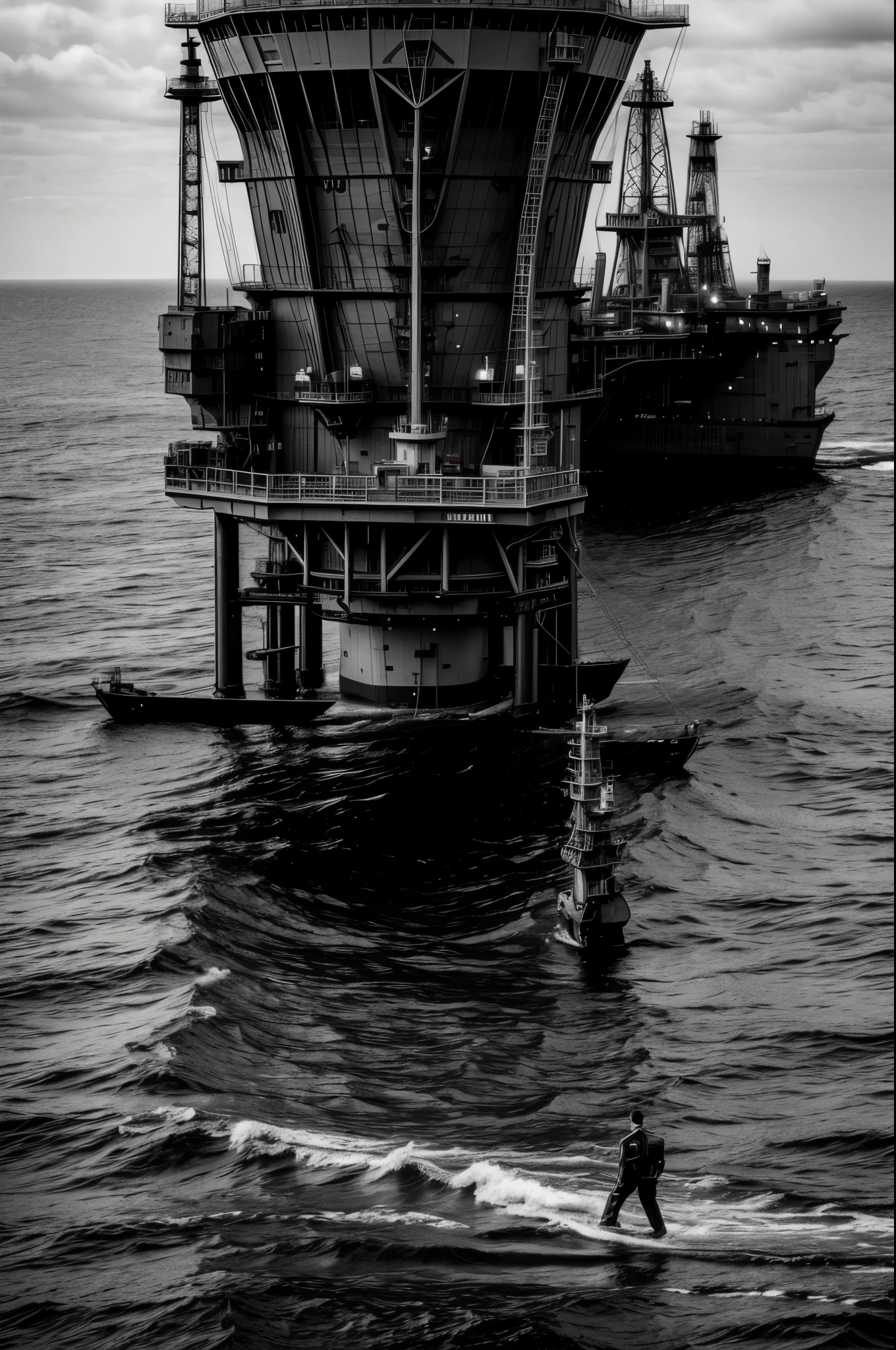 Male fashion photography photo, full body shot, (((handsome toned nude young manly man))), working on an oil platform, black and white photo, dramatic poses and light and dark composition, the North Atlantic Ocean is famous for its rich oil reserves under the sea, illuminated by the distant sea surface. Attracted by the mysterious light, he developed a strong interest in the oil platform standing in the sea. Photographers and staff recorded their lives while repairing the ship and on the deck, photos taken during the journey, and historical images of the oil drilling platform collected by the photographer. It depicts the transformation and decline of the natural gas and oil industries in the past and present, highlighting the changes and time this ocean has experienced.