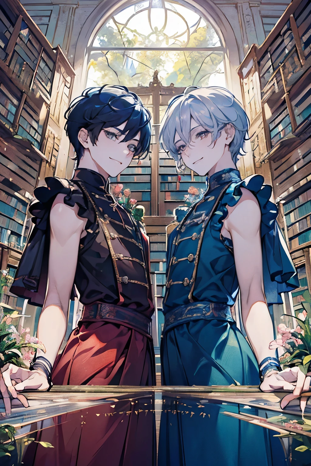 (Two men facing each other:1.5)、(masterpiece、highest quality、highest quality、Beautiful and beautiful:1.2)、(Good anatomy:1.5)、Painting of a male with milky glay longhair、Shy smile、Sparkling Eyes、looking at the camera、Emerging from among the flowers and leaves、(Library room:1.45)、smile、(dictionary:1.2)、Close-up of face、((View from below:1.4))