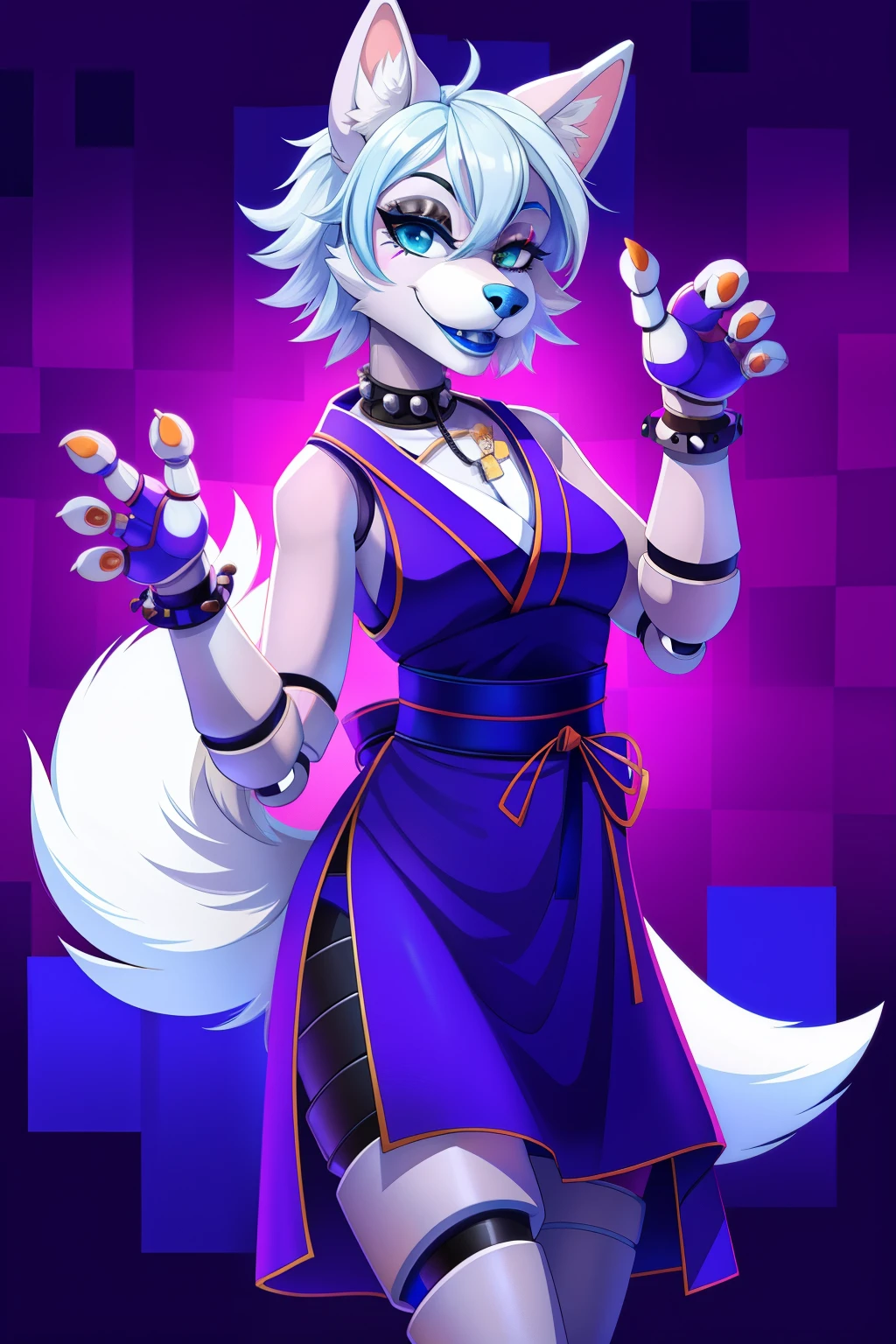 1 girl, solo, animatronic, wolf anthro, Silver hair, blue lipstick, Japanese dress, fnaf, paws