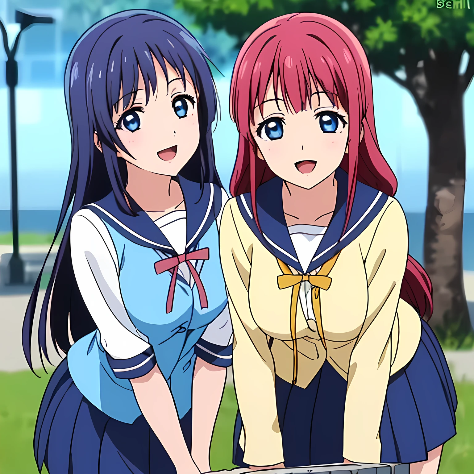 highest quality, (masterpiece:1.2), Very detailed, Game CG, ((((Very beautiful school uniform１Two girls at a drinking fountain in the park、bending over to drink water)))), ((The girl everyone loves)), (((Very beautiful pink hair))), ((((Yellow sailor suit)))), ((Sailor uniforms have blue lines)), ((Dark navy blue checked long skirt)), ((((Very beautiful and shining eyes)))), ((Very long eyelashes)), A big red ribbon on the chest, ((An elegant expression like a noble princess)), (((Beautiful and great smile))), Small face and great posture, ((Give the viewer a heavenly feeling of happiness)), (((Blur the background))), ((A very compassionate face)), ((Anime heroine smiling and open mouth)), ((Slender and shapely breasts))