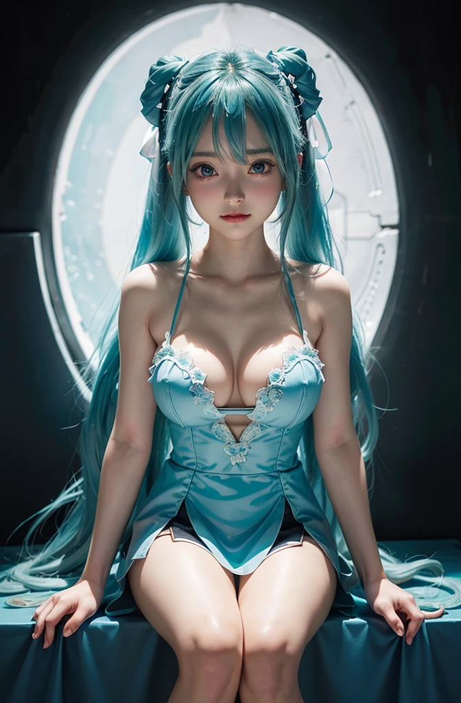(front focus), (in the dark:1.6), Hyperrealist portrait of female by david hockney and alphonse mucha, fantasy art, photo realistic, dynamic lighting, artstation, poster, volumetric lighting, very detailed faces, 4 k, award winning,there is a doll sitting on a table next to a computer, mikudayo, pvc figurine, hatsune miku, pop up parade figure, miku, anime figurine, anime figure, she has pale blue skin!!!, white cyan, portrait of hatsune miku, rem rezero, anime peripheral, a happy meal toy of hatsune miku,(in the dark, deep shadow, low key),Huge, full breasts,bared breasts,I can see her cleavage, (Cute smile, Upward glance),Bedroom,in a seductive pose,With a face s in heat/