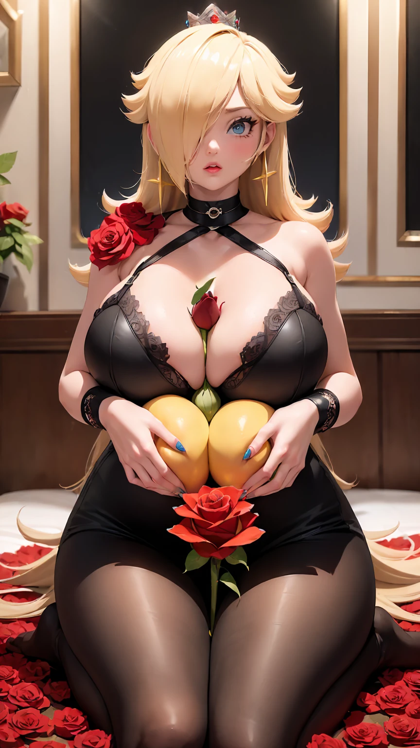 (best quality). (Ultra Detalhado). (1girl), Olhando para o Viewer. (Antecedentes detalhados). belos olhos detalhados. rosto delicado e bonito. (high saturation), seios grandes, droopy breasts, bra with straps, gigantic rose flower, gigantic rose between breasts, gigantic rose between cleavage, (((gigantic rose))), (((Big rose))), (((large stem rose between breasts))), (((very long rose))), (red rose: 1.5)