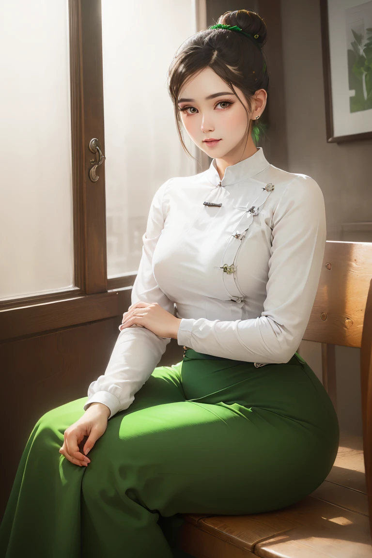 Portrait of a stunning young woman with a stylish hair bun, captivating gaze, and a warm atmosphere of a cozy coffee shop, realistic shading, fine details, exquisite lighting, digital painting, (wearing acmmsayarma outfit, acmmsayarma white top with buttons, long sleeves), ((acmmsayarma green long skirt))