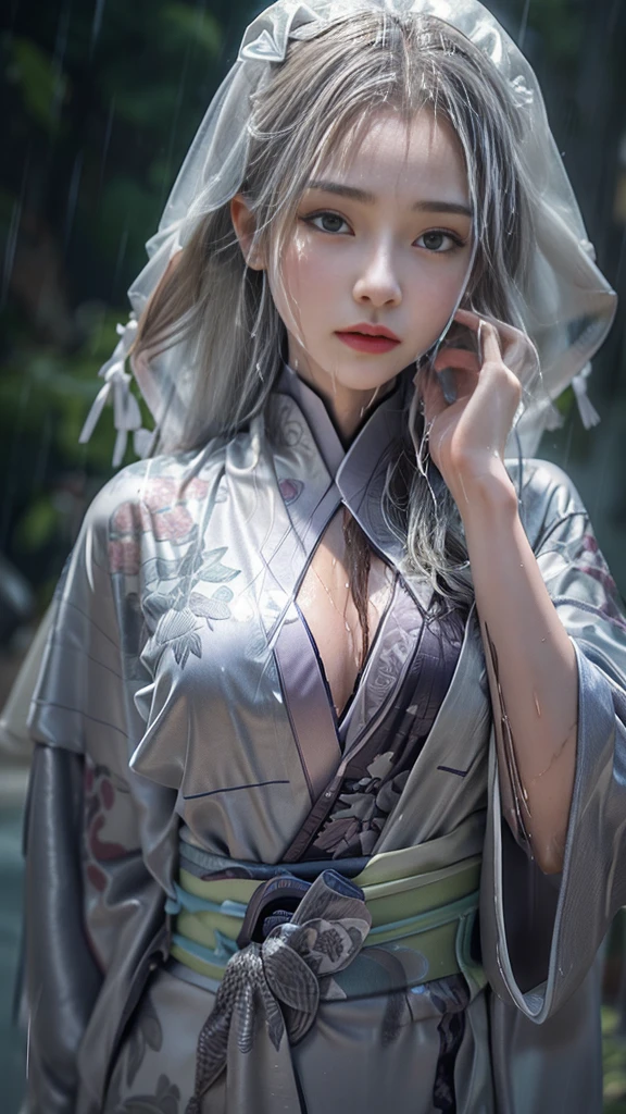 (RAW shooting:1.5, Photorealistic:1.5, 16k, highest quality, masterpiece, Ultra-high resolution), Perfect dynamic composition:1.3, (heavy snow, On a cliff on a precipitous cliff, Great background, Expressions of sadness:0.9), Highly detailed skin and facial textures:1.3, Wet slim woman:1.2, Random Shot, Fair skin:1.2, Mysterious portrait:1.1, Incredibly slim body:1.2, aesthetic:1.1, Very beautiful face:1.2, Water droplets on the skin, (Rain dripping down on my body:1.1, Wet body:1.1, Wet Hair:1.1), (Professional kimono dressing:1.1, With a wet bouquet:1.2, The correct way to wear a wet silver kimono:1.3), (Shapely breasts, Chest gap), (Beautiful erotic eyes:0.8, Beautiful, erotic lips:0.8), (Too erotic:0.9, Fascinating:0.9), necklace, Earrings, bracelet