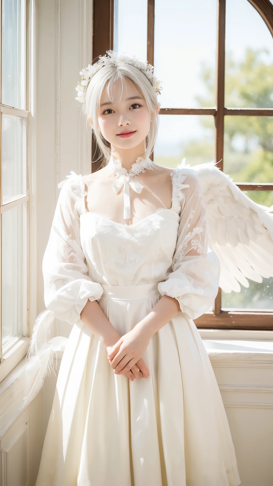((highest quality:1.3、8k、masterpiece))、One Girl、Detailed face 1:2、Cute Face、Fine grain、Laughter、Beautiful woman、Lesbians all over、Angelicales、Angel、White Skirt、White Tops、feather、Gentle light、Light background、Great background、White gold hair、Are standing