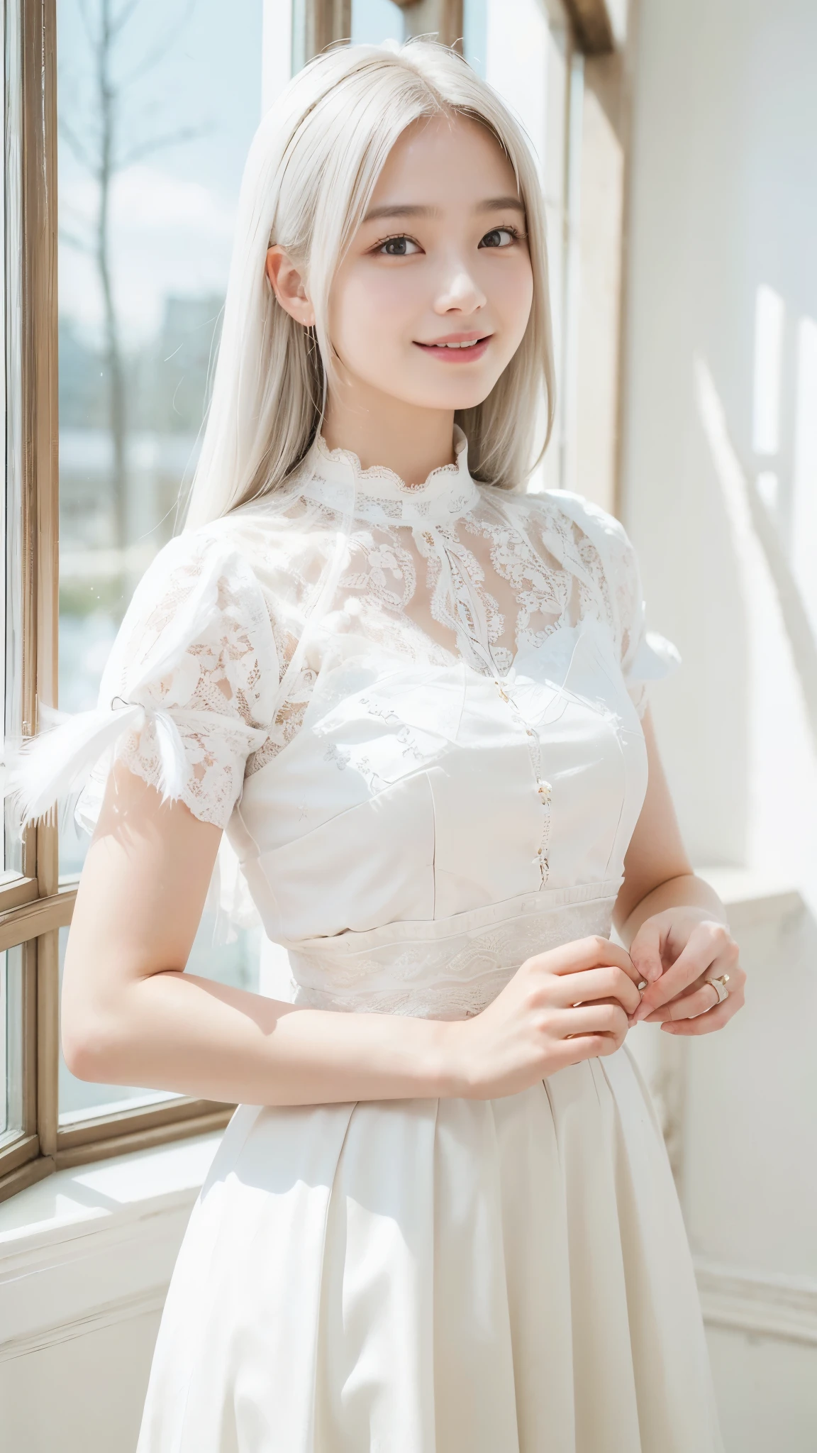((highest quality:1.3、8k、masterpiece))、One Girl、Detailed face 1:2、Cute Face、Fine grain、Laughter、Beautiful woman、Lesbians all over、Angelicales、Angel、White Skirt、White Tops、feather、Gentle light、Light background、Great background、White gold hair、Are standing