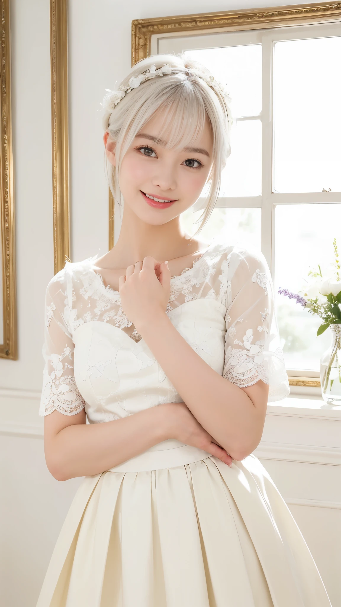 ((highest quality:1.3、8k、masterpiece))、One Girl、Detailed face 1:2、Cute Face、Fine grain、Laughter、Beautiful woman、Lesbians all over、Angelicales、Angel、White Skirt、White Tops、feather、Gentle light、Light background、Great background、White gold hair、Are standing