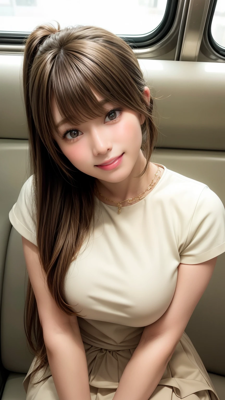 Tabletop、Super cute face、Large Breasts、 Large Breastsの谷間、Good style、Natural Lip、Fair skin、Great light、Beautiful lighting、((Straight hair、ponytail))、Brown Hair、Blunt bangs、Cute T-Shirts、Tight Skirt、Gorgeous Accessories、on the train、Sit in your seat、smile、かわいいsmile