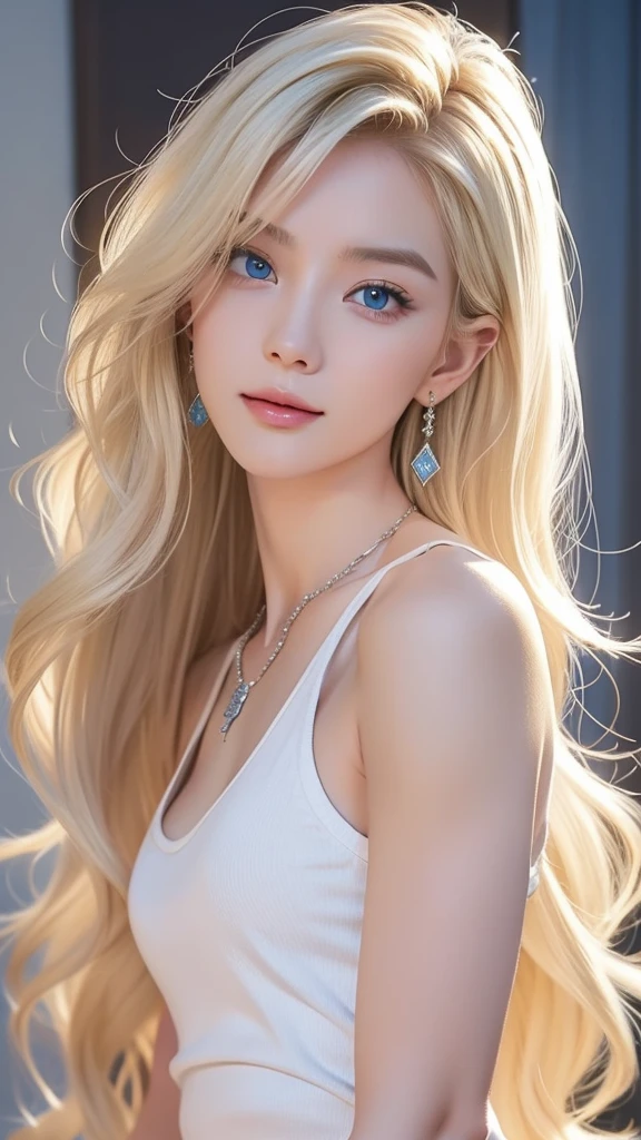 22 year old white female、hair color is blonde、blue eyes、long hair、The ends of the hair are wavy、blue eyes、white skin、platinum blonde、Hair is wavy、セミlong hair、accessories on wrist、wearing a necklace、has earrings、skin is smooth、ruddy、Slender but muscular body、smile、high resolution、My heart is pounding、I&#39;m punching my chest、erotic look、She is wearing a dress that is long enough to cover her ankles.、I&#39;m wearing low heels、He puts his hands behind his back and looks up and smiles.、Standing with legs crossed