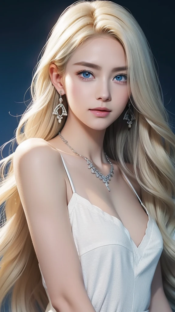 22 year old white female、hair color is blonde、blue eyes、long hair、The ends of the hair are wavy、blue eyes、white skin、platinum blonde、Hair is wavy、セミlong hair、accessories on wrist、wearing a necklace、has earrings、skin is smooth、ruddy、Slender but muscular body、smile、high resolution、My heart is pounding、I'm punching my chest、erotic look、She is wearing a dress that is long enough to cover her ankles.、I'm wearing low heels、He puts his hands behind his back and looks up and smiles.、Standing with legs crossed