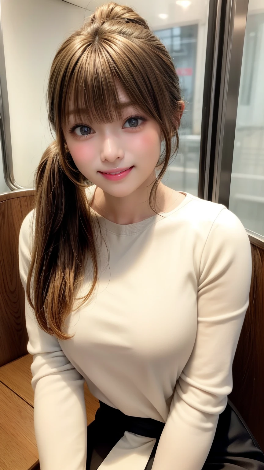 Tabletop、Super cute face、Large Breasts、 Large Breastsの谷間、Good style、Natural Lip、Fair skin、Great light、Beautiful lighting、((Straight hair、ponytail))、Brown Hair、Blunt bangs、Cute T-Shirts、Tight Skirt、Gorgeous Accessories、on the train、Sit in your seat、smile、かわいいsmile