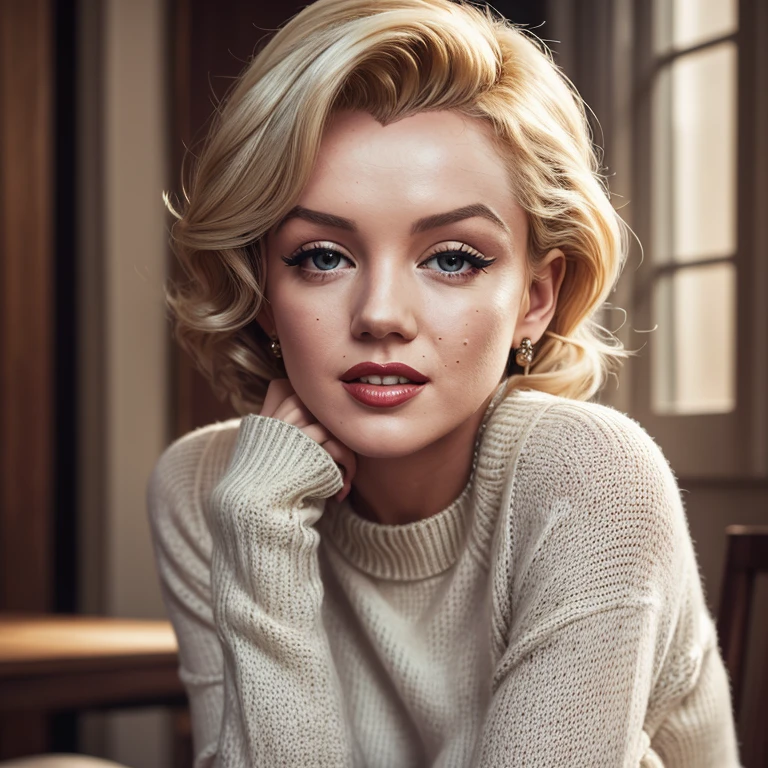 medium shot, realistic photo of marilyn_monroe, a woman, wearing a sweater, wearing jeans, (masterpiece:1.1), (best quality:1.1), beautiful, (intricate details), unity 8k wallpaper, ultra detailed, aesthetic, perfect lighting,