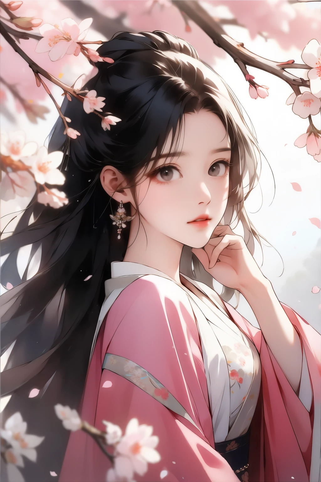 cherry_flowering, come down_petal, Solitary,1 Girl,Upper Body, looking at the audience,