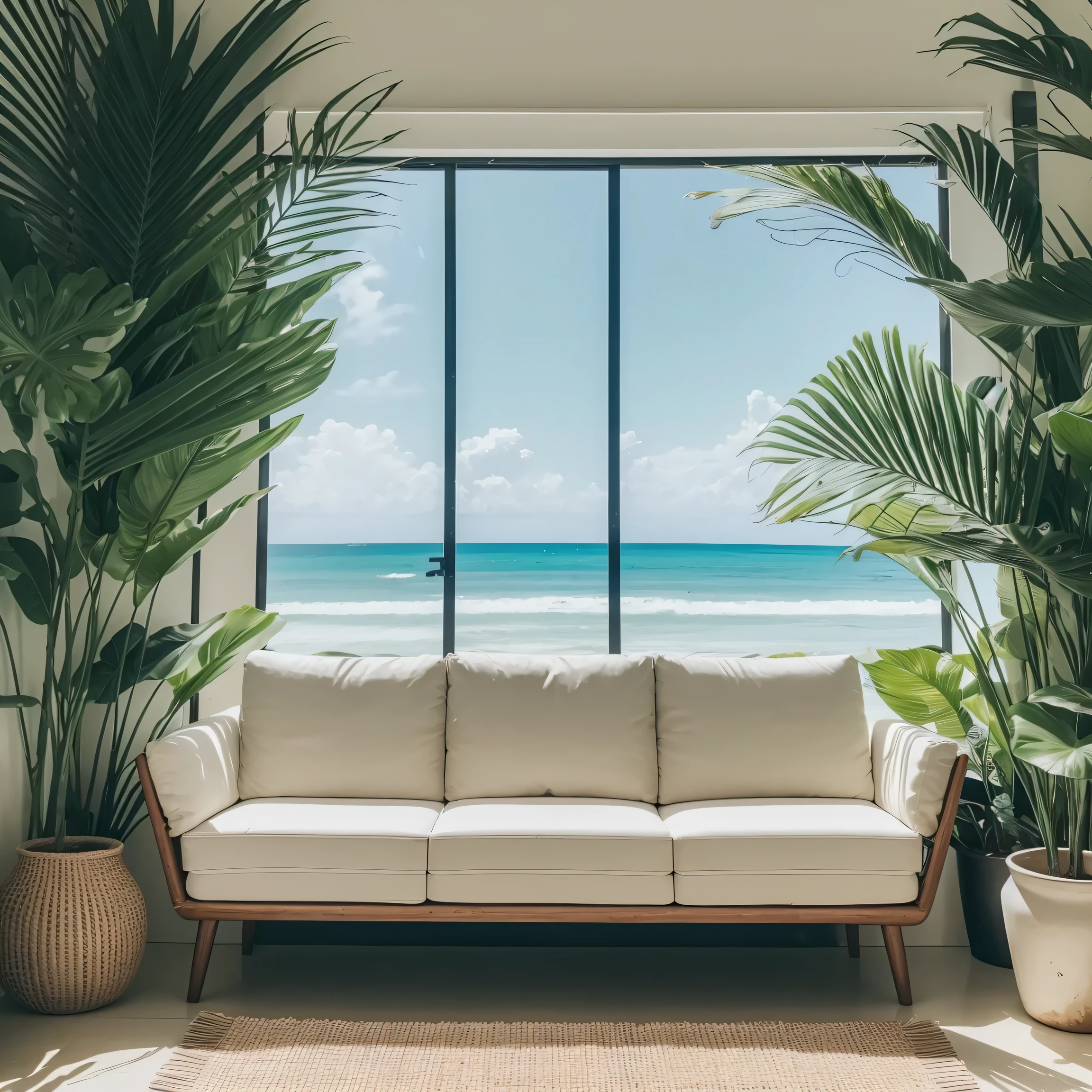 living、Wide angle、wide、Whole room、 Hawaii、Ocean、beach、Stylish、Foliage plant、sofa、Asahi、Realistic、masterpiece、beautiful、8k、highest quality、Attention to detail、8k、Sharpness