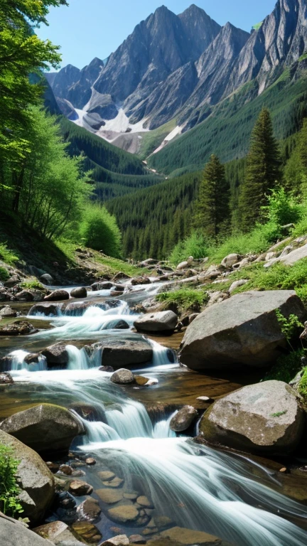 A picture with realism, mountains taken by a camera, mountain ranges, high mountains, among the mountains, a small stream, breathtaking scenery, summer, daytime.