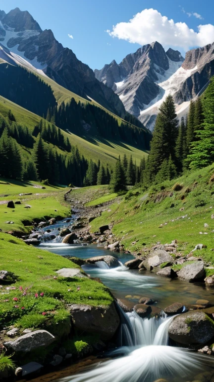 A picture with realism, mountains taken by a camera, mountain ranges, high mountains, among the mountains, a small stream, breathtaking scenery, summer, daytime.