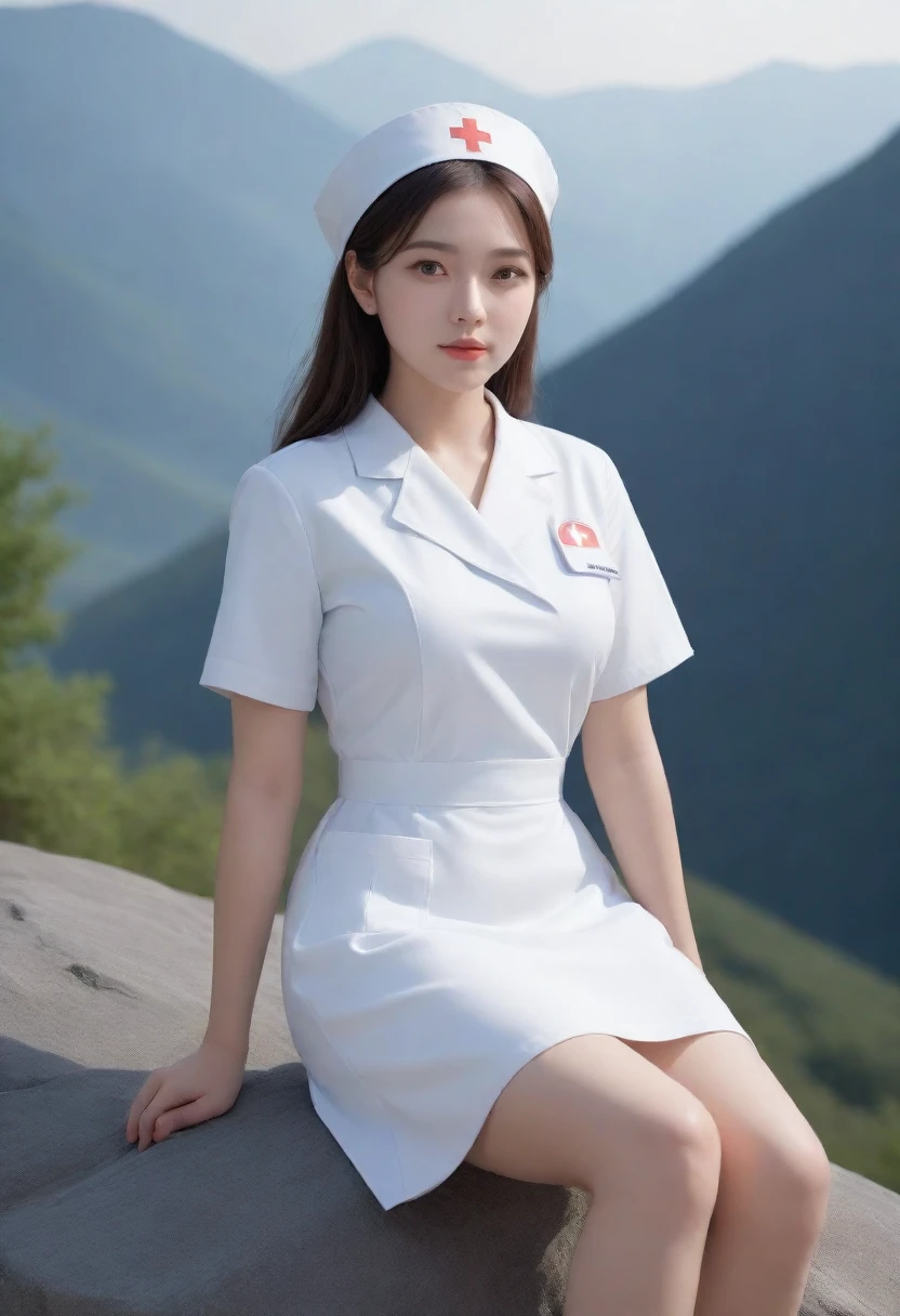 (full body:1.5), (1girl:1.3), (view the viewer:1.4), (anatomy correct:1.4), (sitting on the top of mountain:1.2), (wearing a nurse set:1.2), (accurate and perfect face:1.3), high detail, lighten shade contrast, face lighting, cinematic lighting.