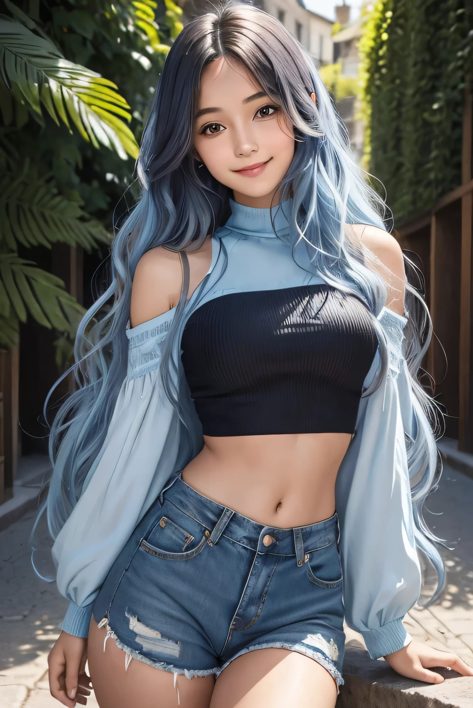 une jeune femme dans la vingtaine, with long wavy blue hair of a soft brown framing a delicate face. Her warm smile lights up her face and transmits positive energy. Nous voyons tout son corps. Elle a un jean noire et un crop top. elle se maquille