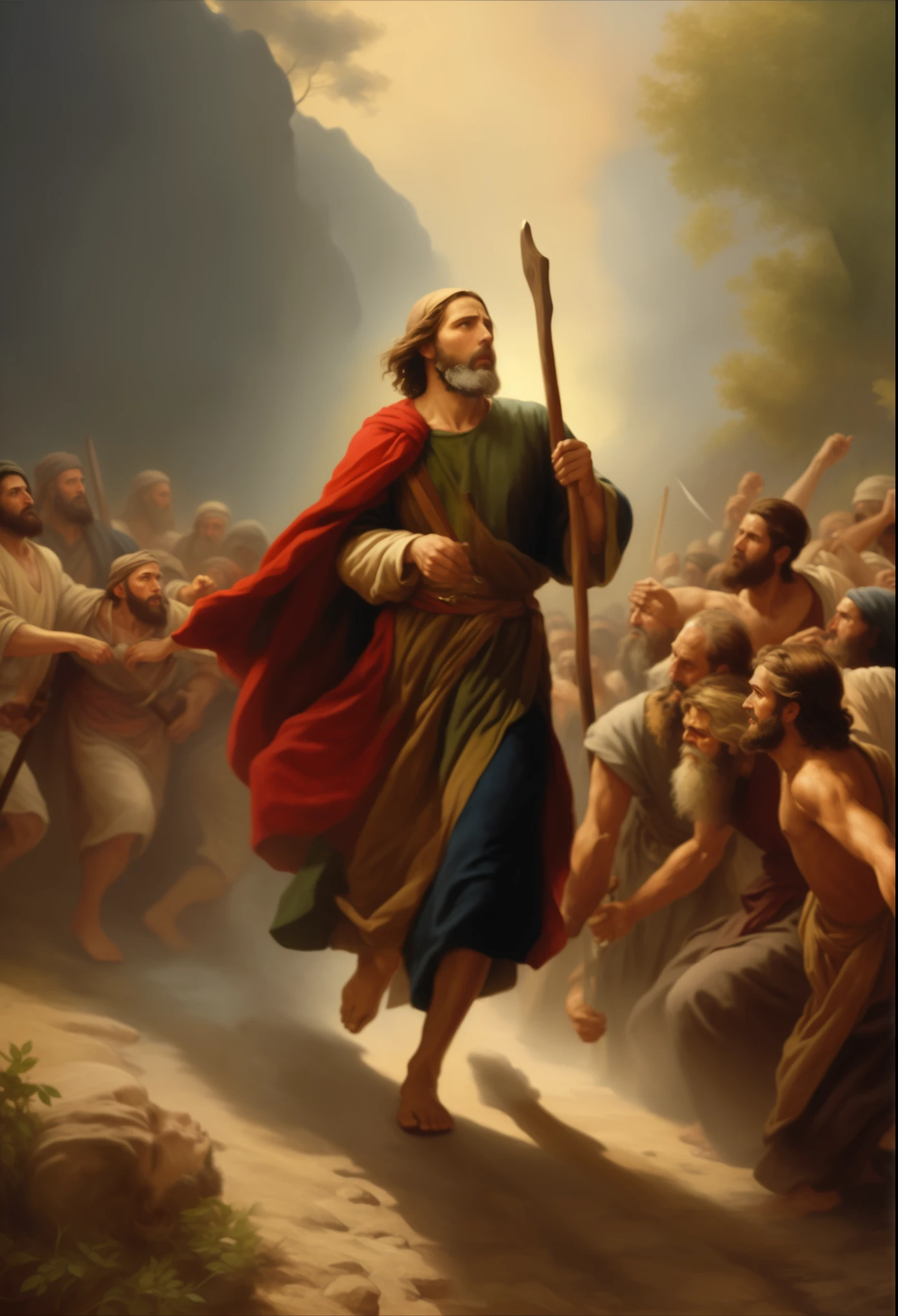 Painting of Jesus walking with a staff in a crowd of people, epic biblical representation, biblical painting, Directed by: Juan O'Gorman, biblical art style, moses, biblical art, bible illustration, by Hristofor Žefarović, Directed by: Scott Gustafson, Directed by: Aleksander Gierymski, biblical image, inspirado em Carl Heinrich Bloch