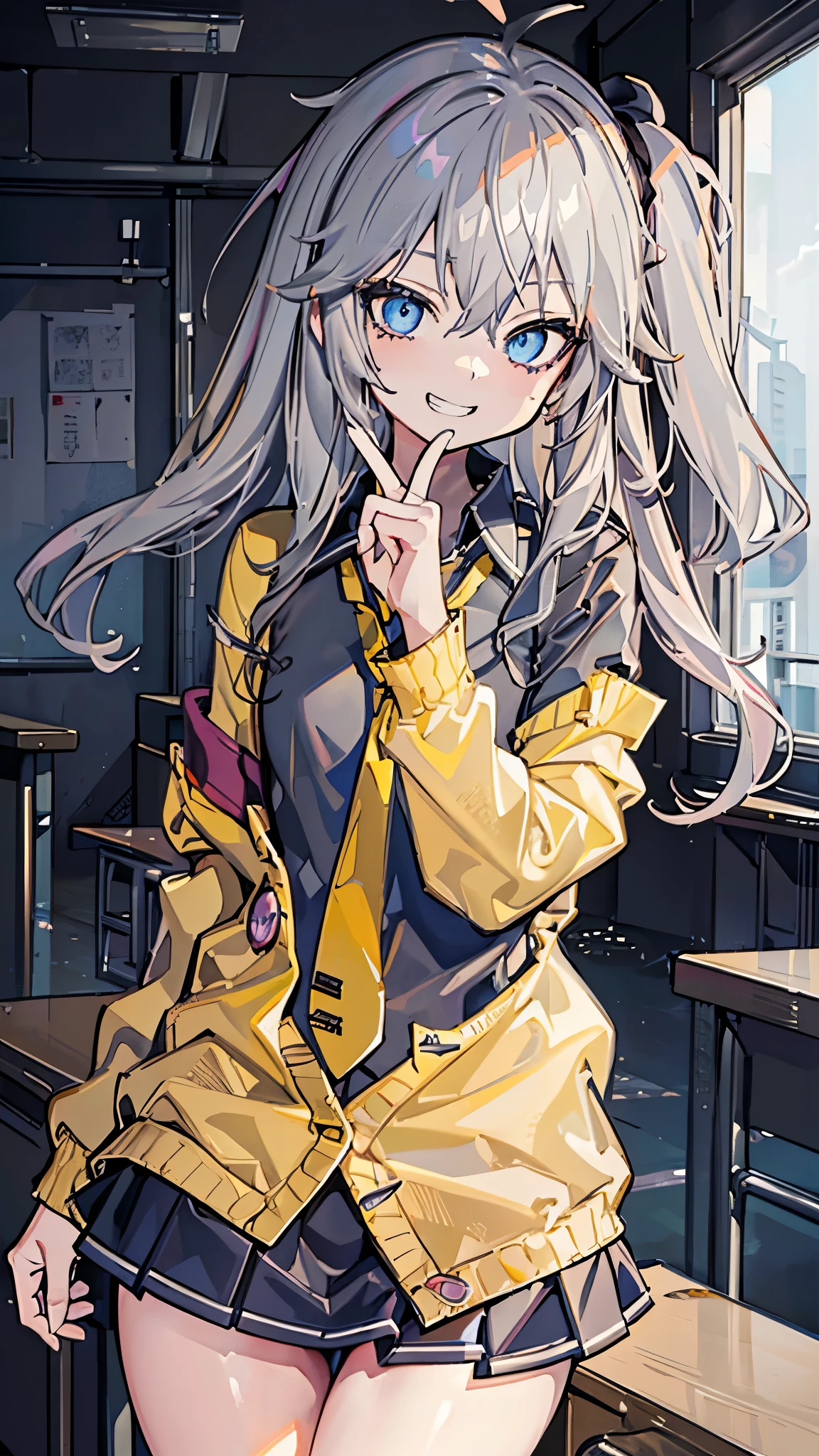 (8k、Best image quality、highest quality、masterpiece)、Detailed face、 1 girl、kasukabe tsumugi、Grey Hair、Side Tail、Light blue eyes、evil smile、((Grin))、Small breasts、((Black Shirt))、Yellow tie、Yellow cardigan、((micro miniskirt))、thighs、Cowboy Shot、Classroom Background