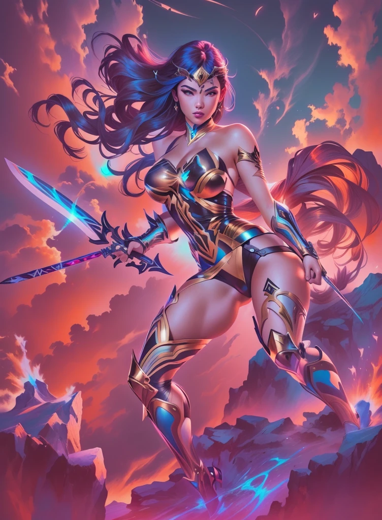 uma mulher em um traje segurando uma espada e uma espada, artgerm extremamente detalhado, quadrinhos artgerm, artgerm julie bell beeple, artgerm Greg rutkowski _ Greg, como visto no artgerm, German style art, graphic artist artgerm, artgerm colorido!!!, estilo ivan talavera e artgerm
