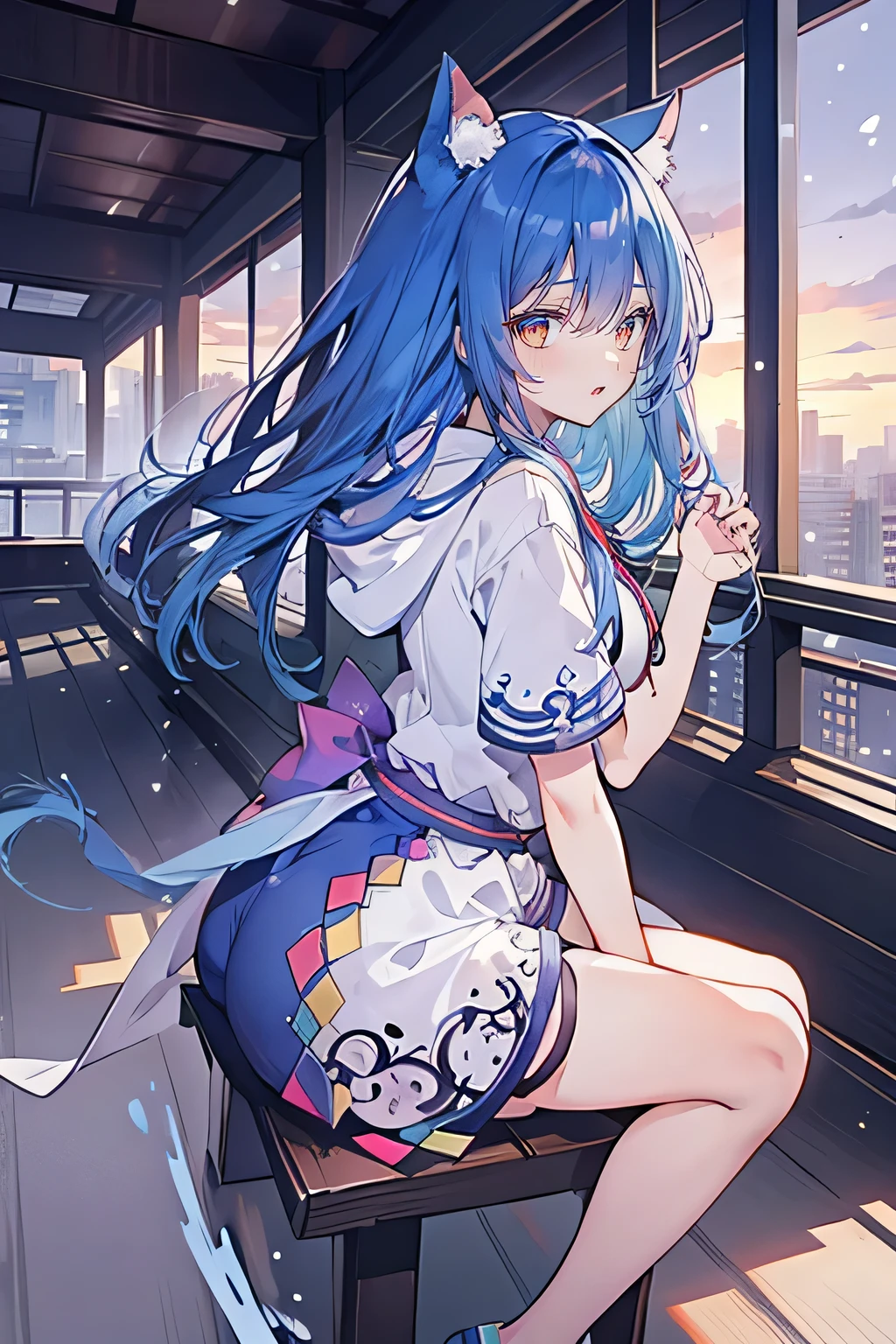 (masterpiece:1.2),Super detailed,lifelike,Expressive eyes,fair skin,perfect face shape,1 girl,
Japanese comics,Gorgeous blue hair,flowing blue hair,flowing clothes,Cat ears,Petals fall,beautiful lola,Baby Angel,sunrise,
Cross your legs,Gentle and peaceful background,The pavilion is cool and comfortable,smile, wearing hoodie, background of tokyo,back views,snowing, winter.