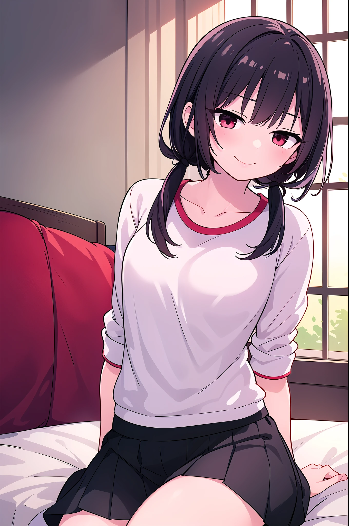 An anime-style illustration of a young female character with short, dark hair and bright red eyes. She is wearing a white shirt with a shield emblem on it and a black skirt. The character is sitting on a bed in a bedroom setting, with a window in the background. The lighting and shading create a soft, warm atmosphere around the character. seductive smile, blush
