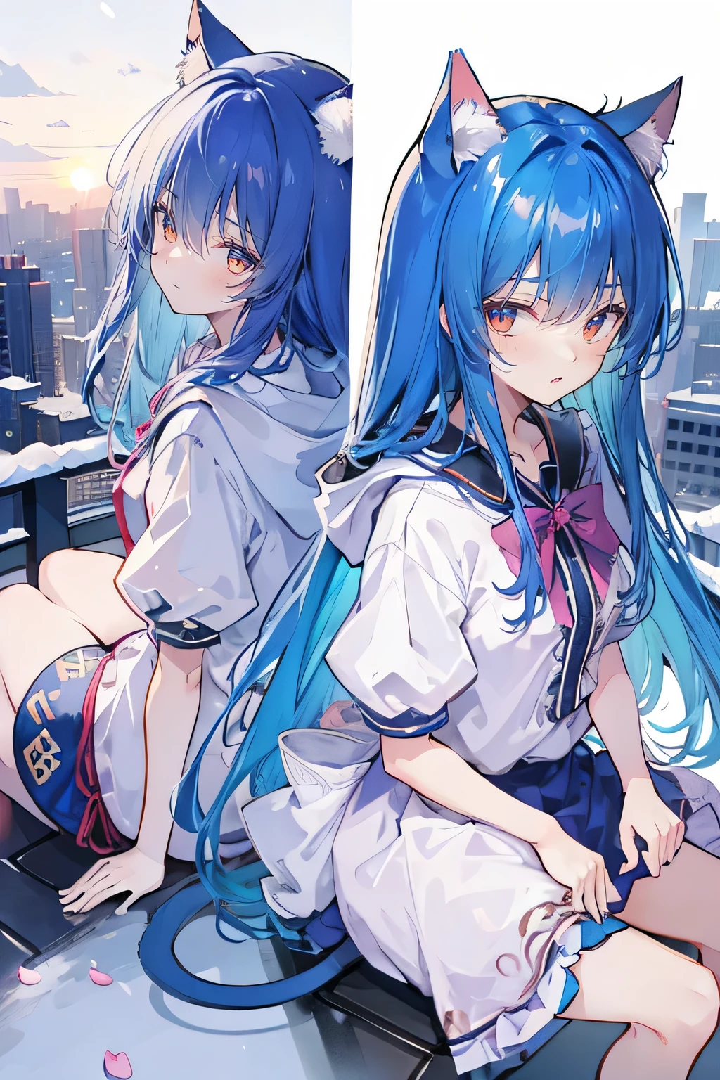 (masterpiece:1.2),Super detailed,lifelike,Expressive eyes,fair skin,perfect face shape,1 girl,
Japanese comics,Gorgeous blue hair,flowing blue hair,flowing clothes,Cat ears,Petals fall,beautiful lola,Baby Angel,sunrise,
Cross your legs,Gentle and peaceful background,The pavilion is cool and comfortable,smile, wearing hoodie, background of tokyo,back views,snowing, winter.