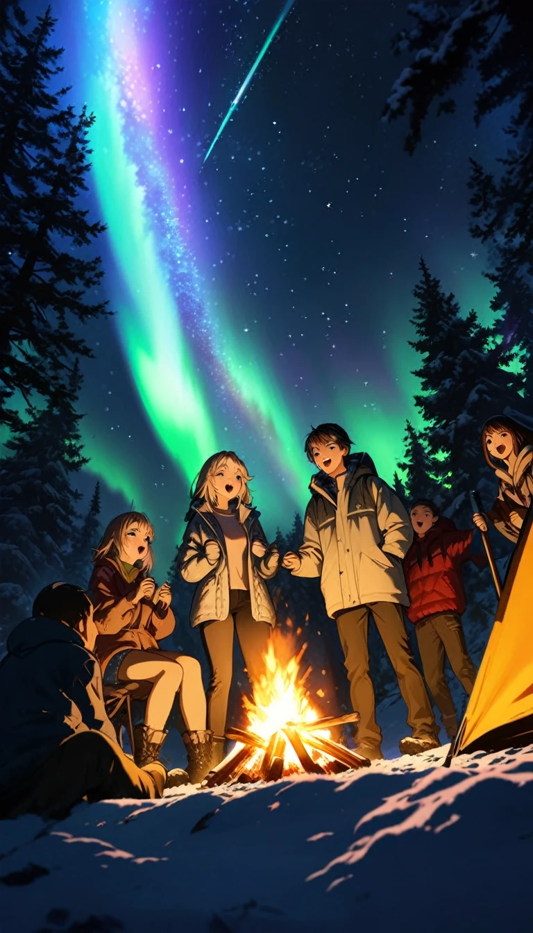 ((super detailed, high resolution, super detailed, top quality, amazing, top quality, highly detailed CG Unity 8k wallpaper, cinematic lighting)),) 4 people, friends, camping, bonfire, star gazing, winter, low angle, one side starry sky, excited, animation, pretty lady, northern lights,