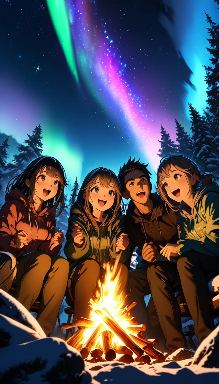 ((super detailed, high resolution, super detailed, top quality, amazing, top quality, highly detailed CG Unity 8k wallpaper, cinematic lighting)),) 4 people, friends, camping, bonfire, star gazing, winter, low angle, one side starry sky, excited, animation, pretty lady, northern lights,