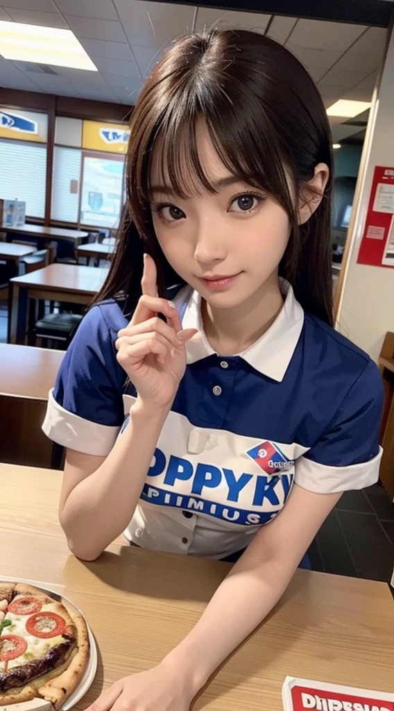 {8K Photo Quality:1.2}、{Ultra-high resolution photo quality:1.2}、{Super Real 1.2}、{Perfect limbs}、{japaneasutepiece、NSFW、1womanl、Wearing a Domino's Pizza uniform、Serving customers with a shy face