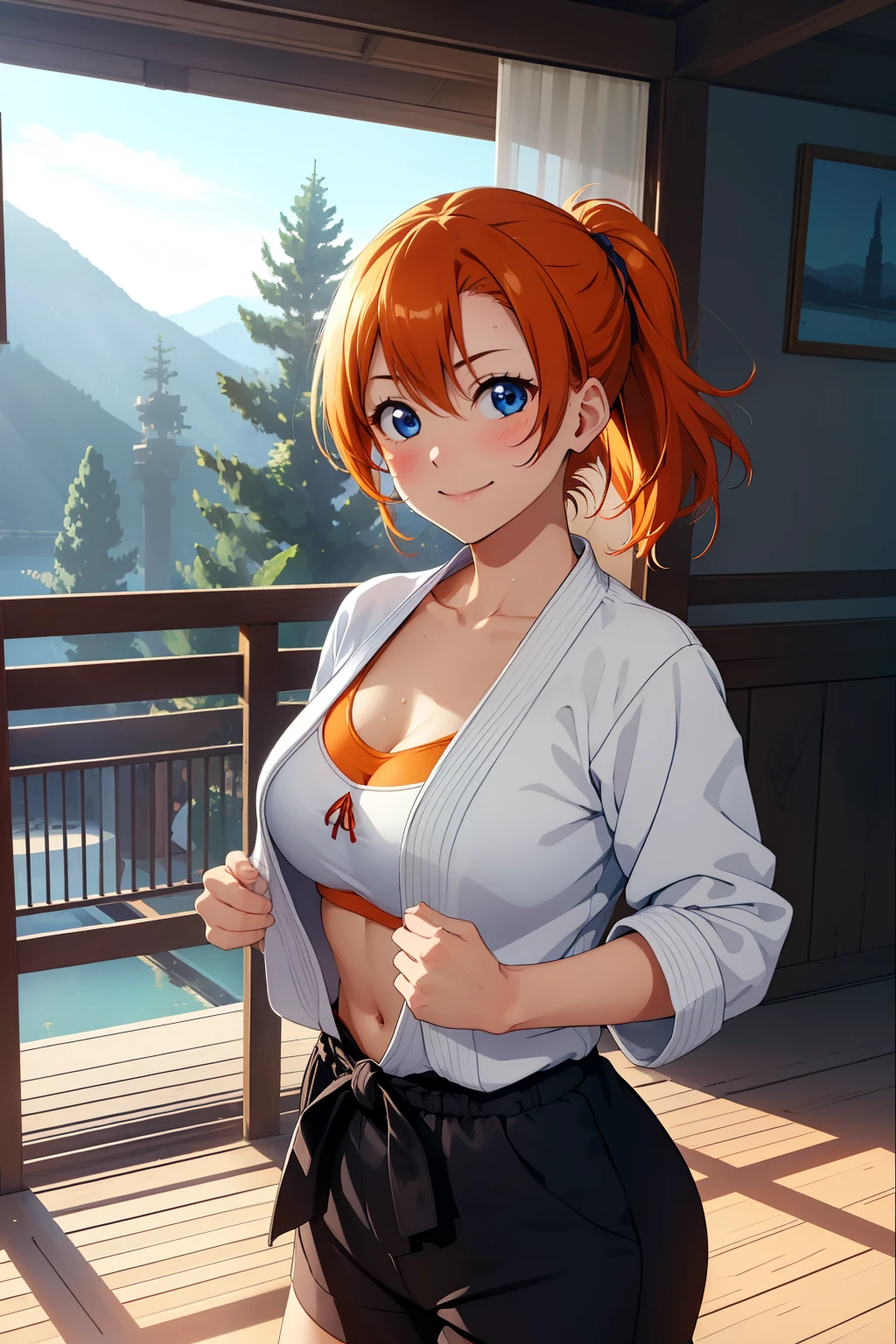 (masterpiece, 最high quality, high quality), Upper Body,Volumetric lighting, figure, beautiful, Perfect lighting, Perfect Shadow, (Nice views:1.1), Blushing, In-person audience, Are standing,Kousaka honoka, blue eyes, Orange Hair,Empty-handed,White Karate Custom, Big Breasts, sweating, smile、Straight punch