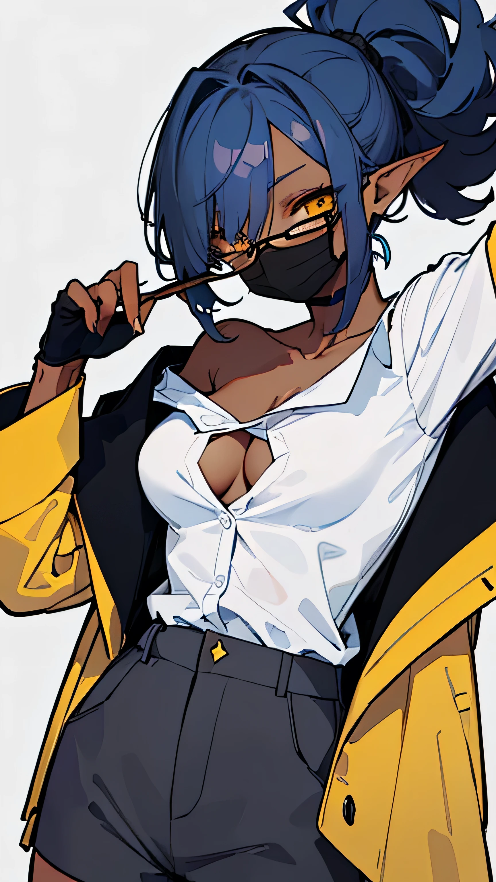 (highest quality、masterpiece:1.2) 1 Female, (adult), tall, (Dark skinned woman, hair over one eye), dark white hair, blue hair, mixed hair color, yellow Eyes, little glasses, ((black tailored jacket, white shirts, shorts pants)), smiling eye, collarbone, (cleavage), little earring, armpit, pointy ears, (off shoulder), leather gloves, (mouth mask),