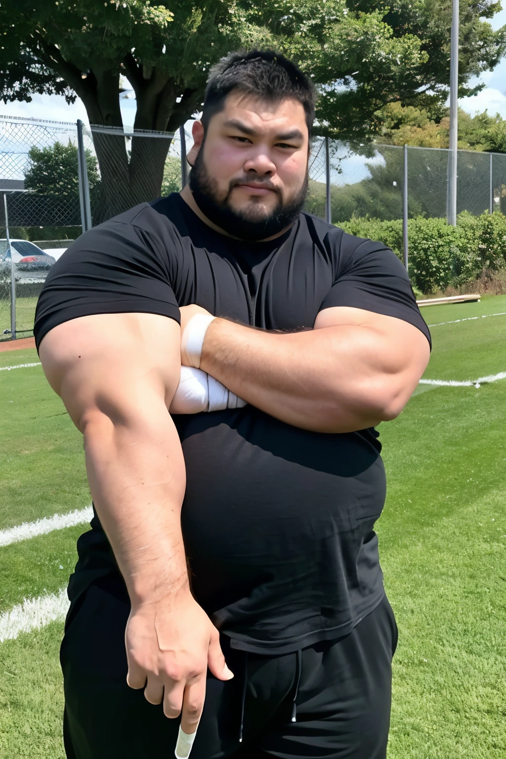 A large Japanese man wearing a tight black T-shirt、whole body、Rugby last week、Thick legs、Thick arm muscles、Intimidating、whole body