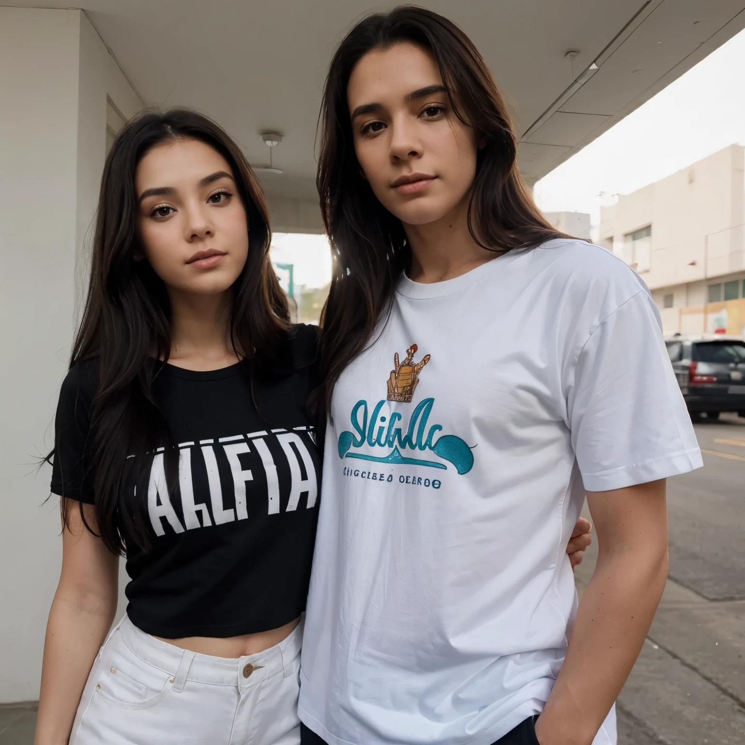 Mujer con Falda larga, camisa que diga Iveth, long black hair, brunette skin and a man holding her hand with a shirt that says Ariel, triagueña skin, a little taller than the woman.