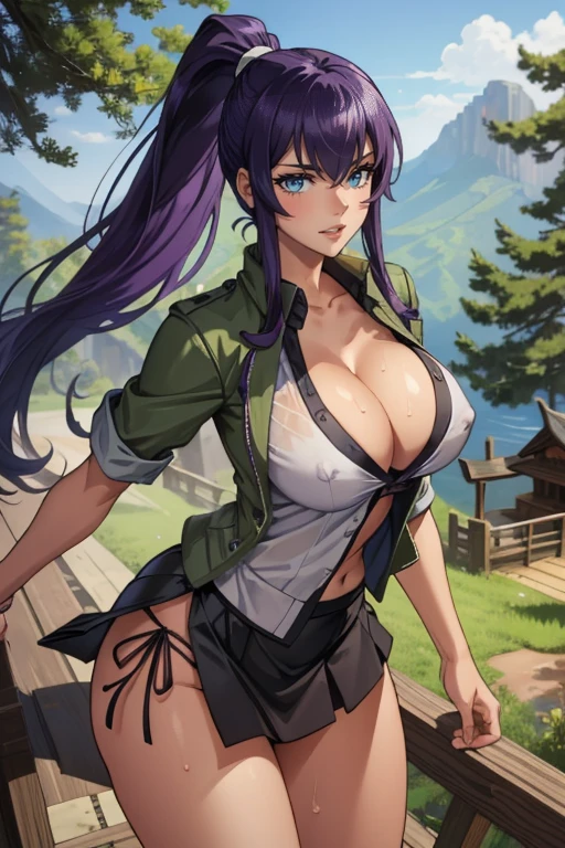 (masterpiece, Best quality,32k), Intricate details,
1 girl, busujima_Saeko, purple hair, , skirt, ponytail, very long hair,
seductive smile, Outdoors, forest, perspiration, sweaty tits, cleavage, erect nipples, black panties, skirt slightly raised by the wind.